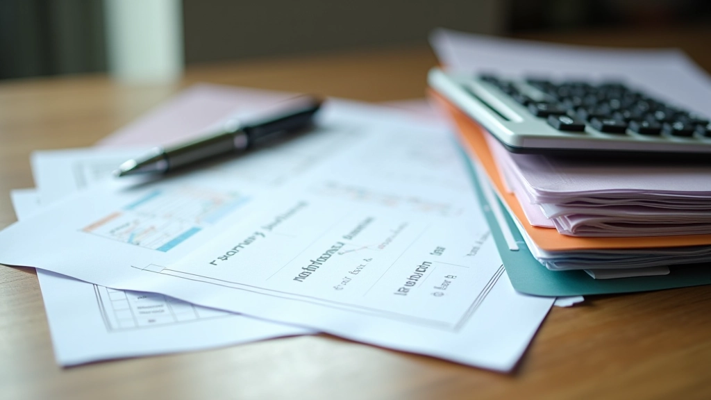 Financial documents organized in folders on a clean desk with a calculator and pen