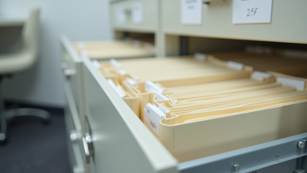 Physical filing cabinet with labeled folders organized by month and document type