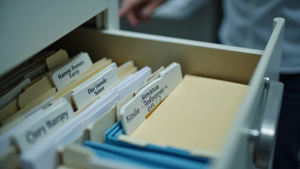 Organized filing system with labeled folders containing financial documents and compliance records