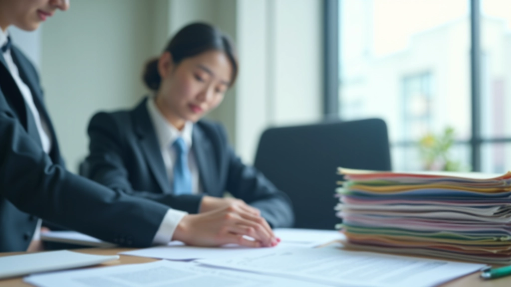 Office worker at desk handling multiple files and documents organized in color-coded folders