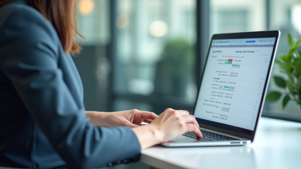 Accountant working on laptop displaying bank reconciliation spreadsheet with columns of numbers