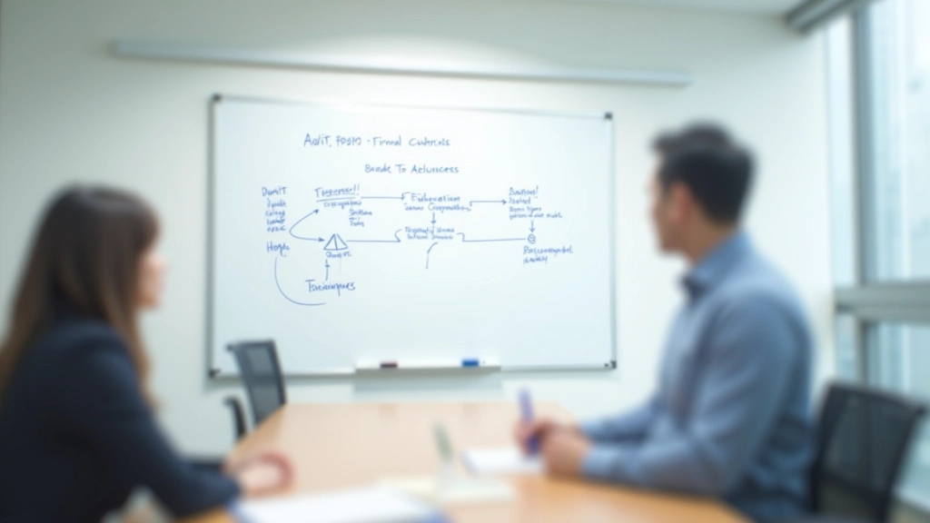 Meeting room whiteboard with written procedures and flowchart for financial approval process