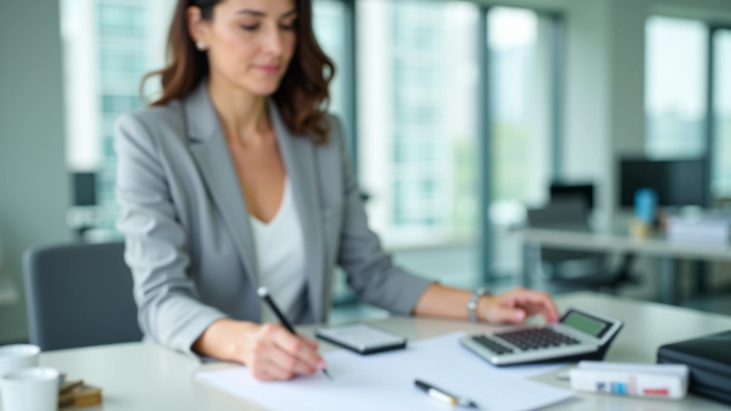 Auditor reviewing financial documents with calculator and compliance checklist on clean desk